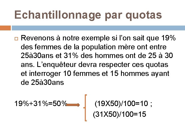 Echantillonnage par quotas Revenons à notre exemple si l’on sait que 19% des femmes