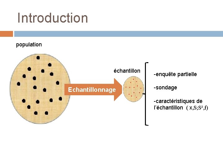 Introduction population échantillon Echantillonnage -enquête partielle -sondage -caractéristiques de l’échantillon ( x, S; S²,