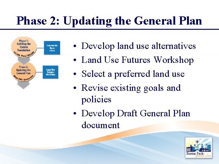 Phase 2: Updating the General Plan • • Develop land use alternatives Land Use
