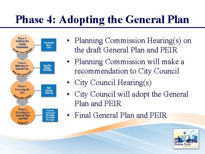 Phase 4: Adopting the General Plan • Planning Commission Hearing(s) on the draft General