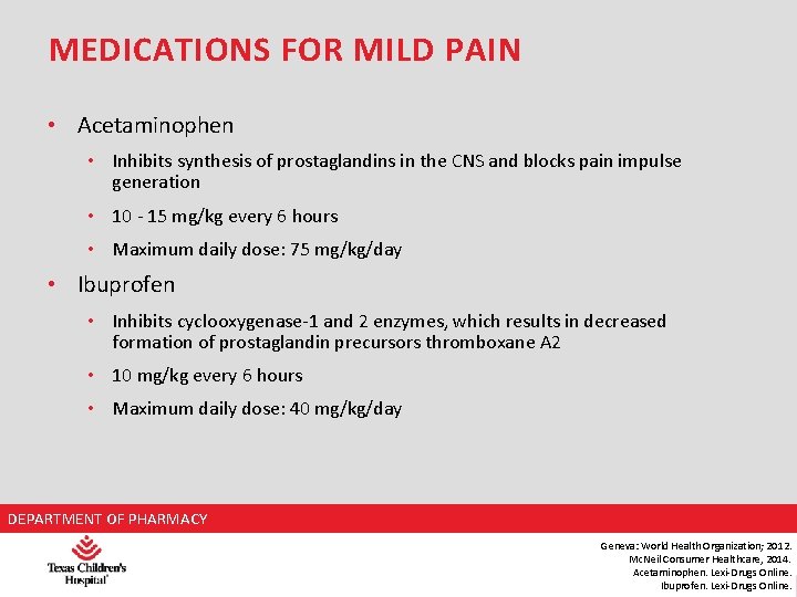 MEDICATIONS FOR MILD PAIN • Acetaminophen • Inhibits synthesis of prostaglandins in the CNS