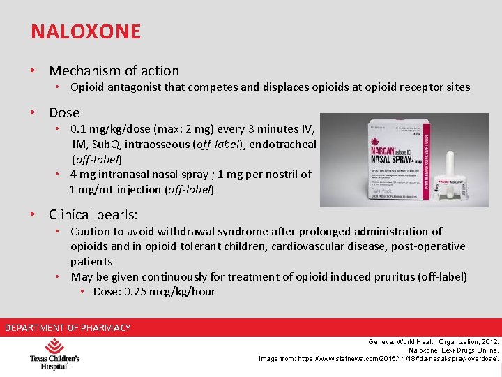 NALOXONE • Mechanism of action • Opioid antagonist that competes and displaces opioids at