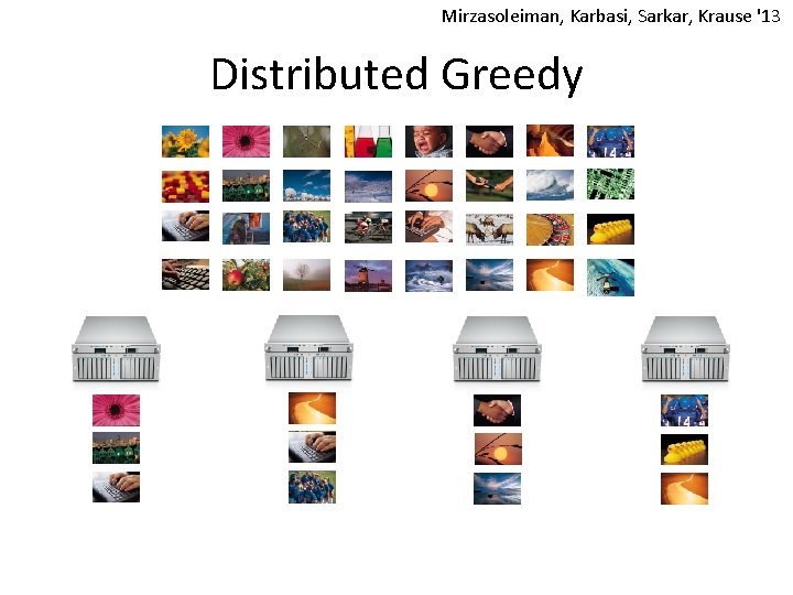 Mirzasoleiman, Karbasi, Sarkar, Krause '13 Distributed Greedy 