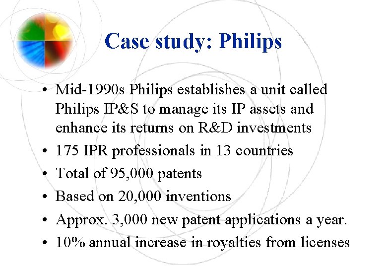 Case study: Philips • Mid-1990 s Philips establishes a unit called Philips IP&S to