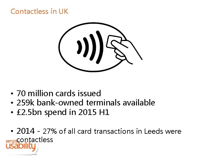 Contactless in UK • 70 million cards issued • 259 k bank-owned terminals available