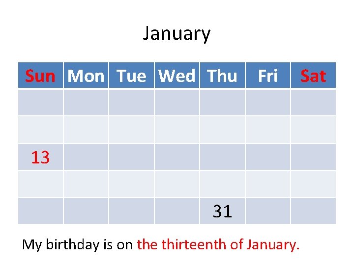 January Sun Mon Tue Wed Thu Fri 13 31 My birthday is on the