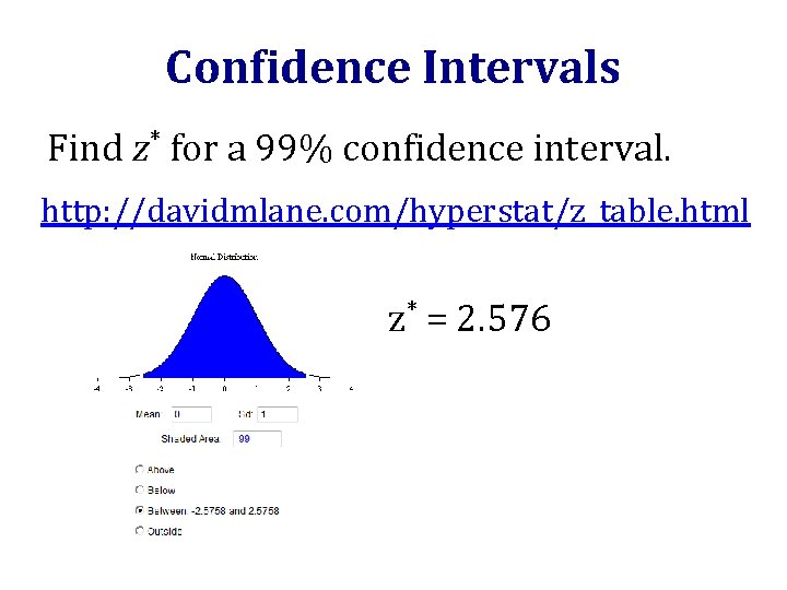 Confidence Intervals Find z* for a 99% confidence interval. http: //davidmlane. com/hyperstat/z_table. html z*