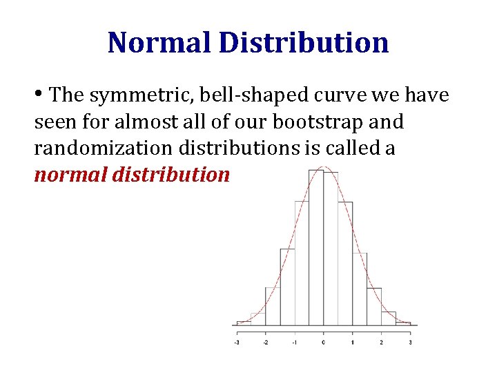 Normal Distribution • The symmetric, bell-shaped curve we have seen for almost all of