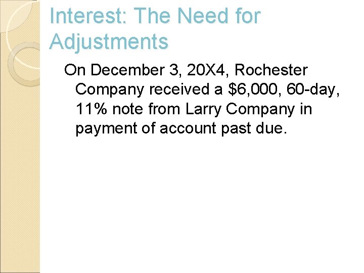 Interest: The Need for Adjustments On December 3, 20 X 4, Rochester Company received