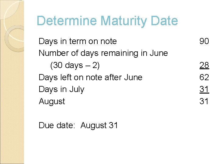 Determine Maturity Date Days in term on note Number of days remaining in June