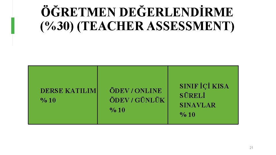 ÖĞRETMEN DEĞERLENDİRME (%30) (TEACHER ASSESSMENT) DERSE KATILIM % 10 ÖDEV / ONLINE ÖDEV /