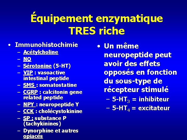 Équipement enzymatique TRES riche • Immunohistochimie – – – – – Acétylcholine NO Sérotonine