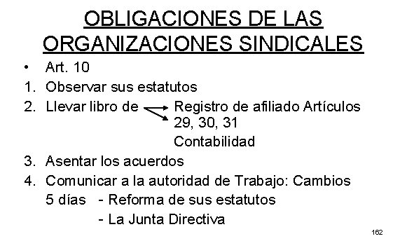 OBLIGACIONES DE LAS ORGANIZACIONES SINDICALES • Art. 10 1. Observar sus estatutos 2. Llevar