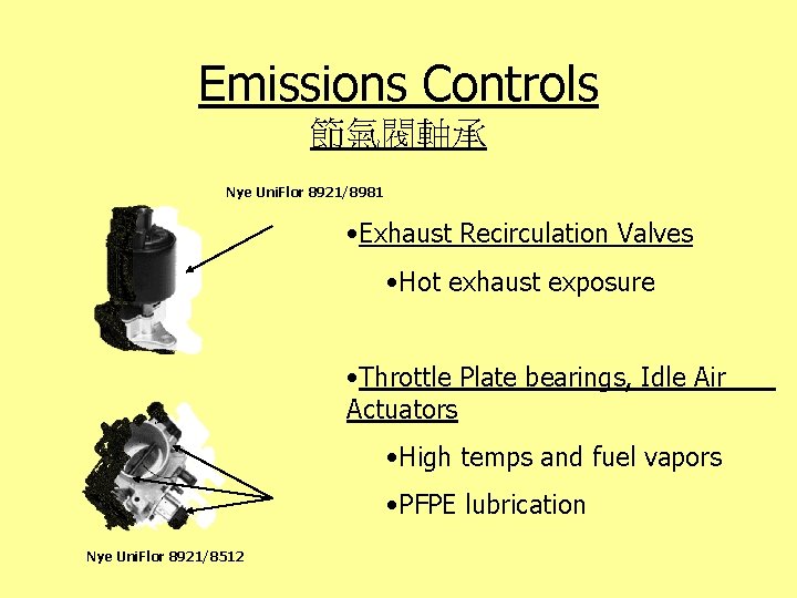 Emissions Controls 節氣閥軸承 Nye Uni. Flor 8921/8981 • Exhaust Recirculation Valves • Hot exhaust