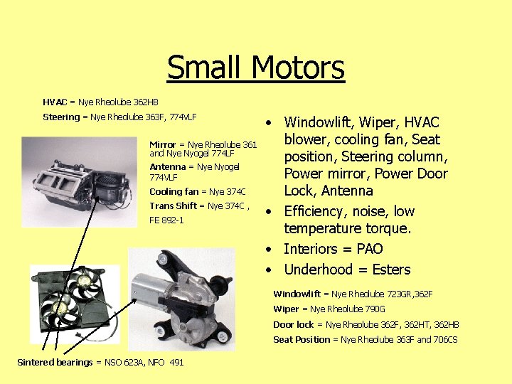 Small Motors HVAC = Nye Rheolube 362 HB Steering = Nye Rheolube 363 F,