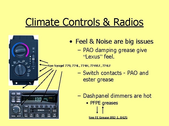 Climate Controls & Radios • Feel & Noise are big issues – PAO damping