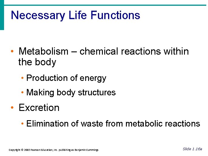 Necessary Life Functions • Metabolism – chemical reactions within the body • Production of