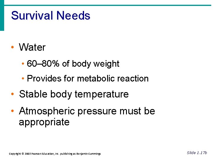 Survival Needs • Water • 60– 80% of body weight • Provides for metabolic