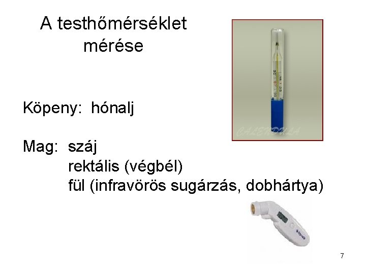A testhőmérséklet mérése Köpeny: hónalj Mag: száj rektális (végbél) fül (infravörös sugárzás, dobhártya) 7