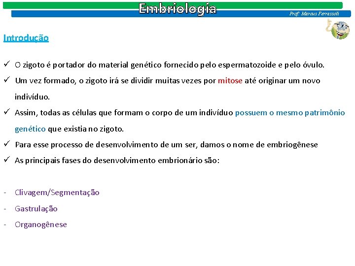 Embriologia Prof: Marcus Ferrassoli Introdução ü O zigoto é portador do material genético fornecido