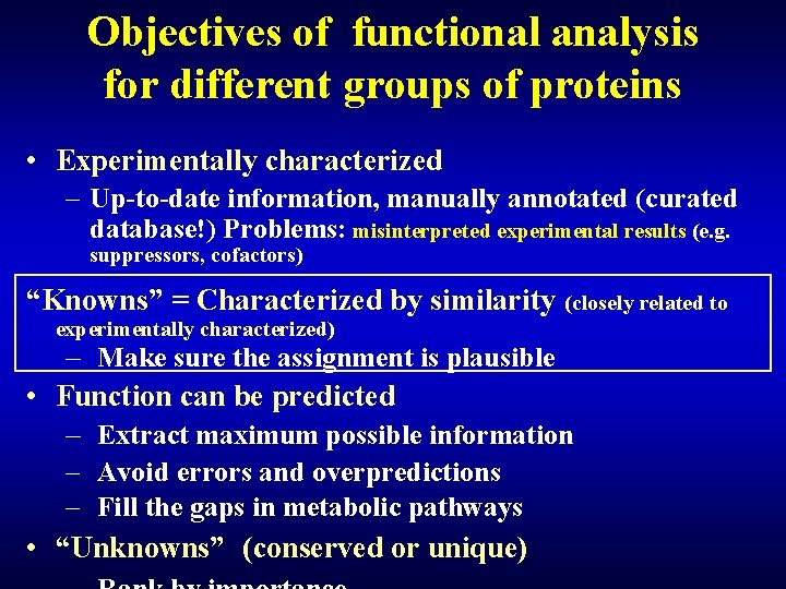 Objectives of functional analysis for different groups of proteins • Experimentally characterized – Up-to-date