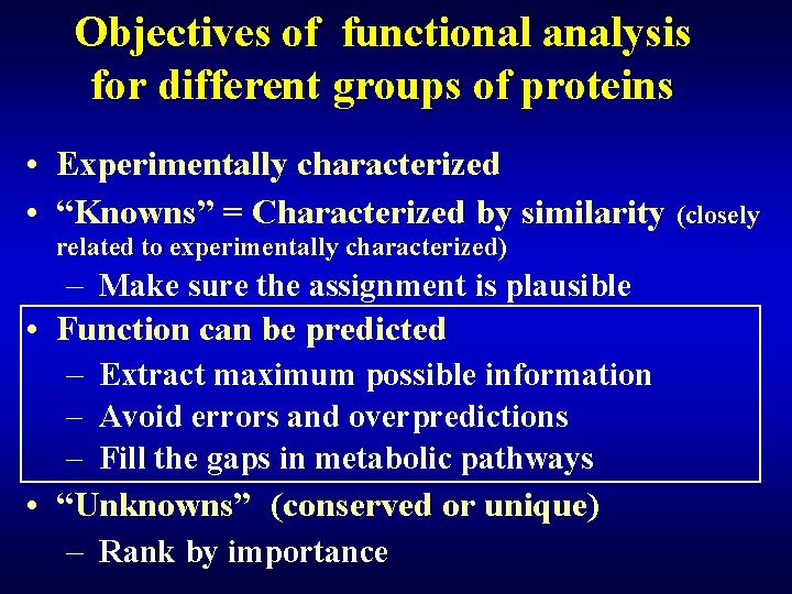 Objectives of functional analysis for different groups of proteins • Experimentally characterized • “Knowns”