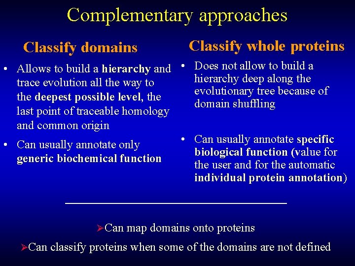 Complementary approaches Classify domains Classify whole proteins • Allows to build a hierarchy and