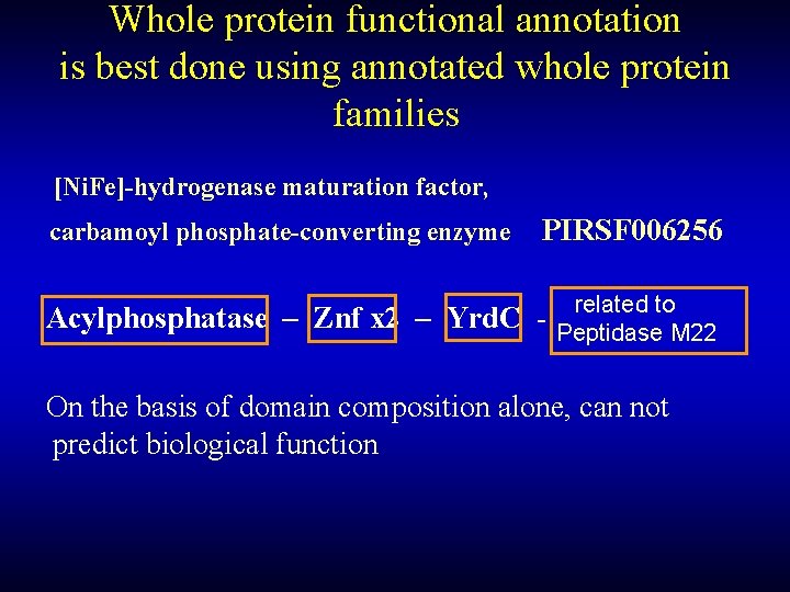 Whole protein functional annotation is best done using annotated whole protein families [Ni. Fe]-hydrogenase