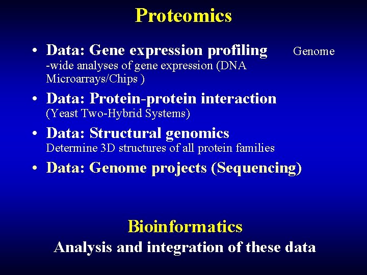 Proteomics • Data: Gene expression profiling Genome -wide analyses of gene expression (DNA Microarrays/Chips