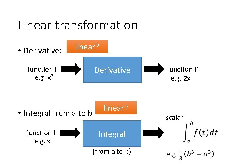 Linear transformation • Derivative: linear? function f e. g. x 2 • Integral from