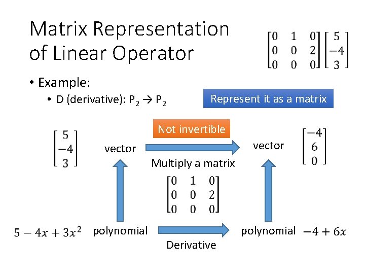 Matrix Representation of Linear Operator • Example: • D (derivative): P 2 → P