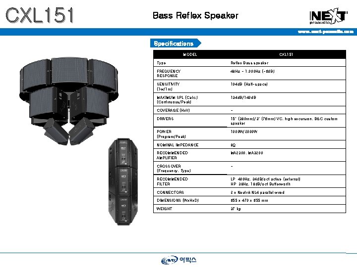 CXL 151 Bass Reflex Speaker www. next-proaudio. com Specifications MODEL CXL 151 Type Reflex