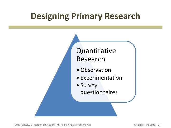 Designing Primary Research Quantitative Research • Observation • Experimentation • Survey questionnaires Copyright 2010
