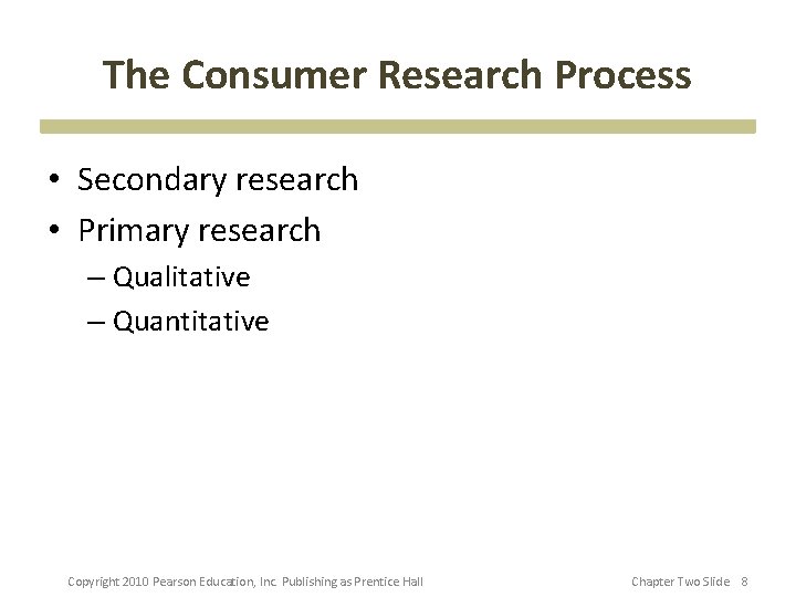 The Consumer Research Process • Secondary research • Primary research – Qualitative – Quantitative