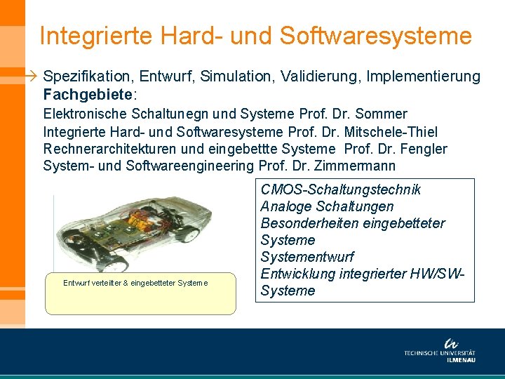 Integrierte Hard- und Softwaresysteme à Spezifikation, Entwurf, Simulation, Validierung, Implementierung Fachgebiete: Elektronische Schaltunegn und