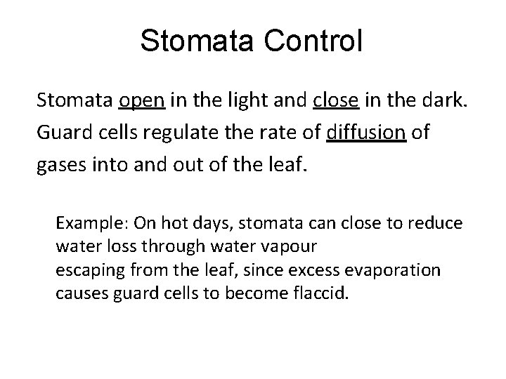 Stomata Control Stomata open in the light and close in the dark. Guard cells