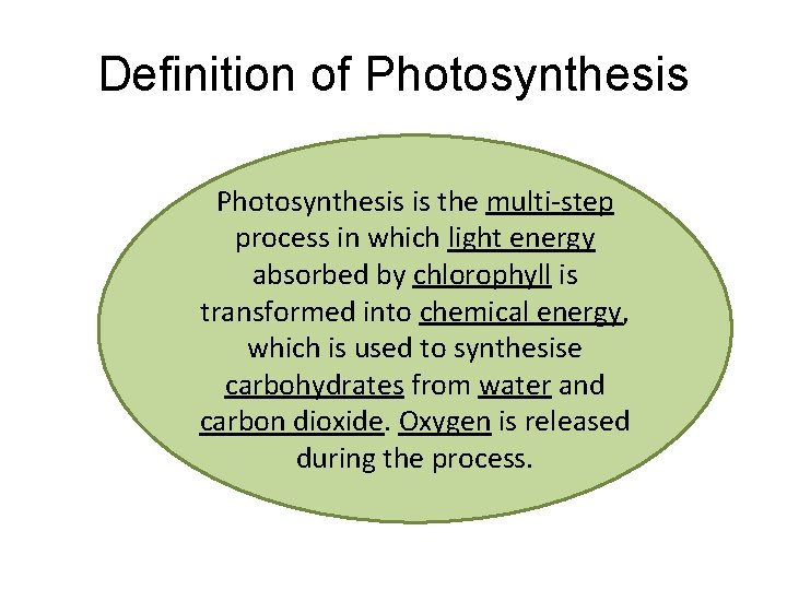 Definition of Photosynthesis is the multi-step process in which light energy absorbed by chlorophyll