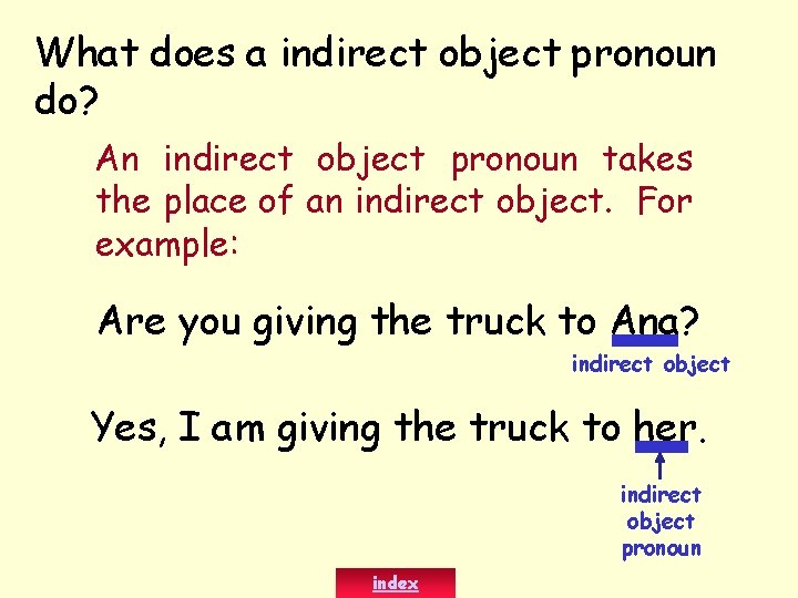 What does a indirect object pronoun do? An indirect object pronoun takes the place