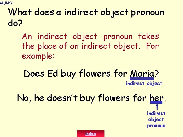MURPY What does a indirect object pronoun do? An indirect object pronoun takes the MURPY What does a indirect object pronoun do? An indirect object pronoun takes the