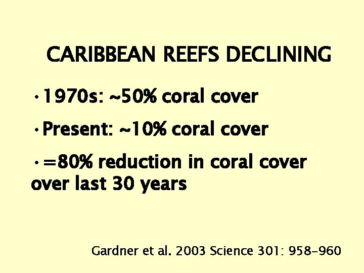 CARIBBEAN REEFS DECLINING • 1970 s: ~50% coral cover • Present: ~10% coral cover