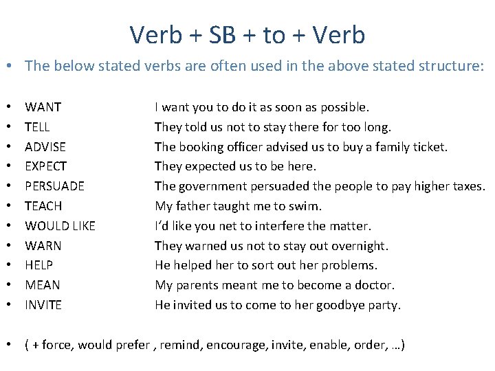 Verb + SB + to + Verb • The below stated verbs are often Verb + SB + to + Verb • The below stated verbs are often