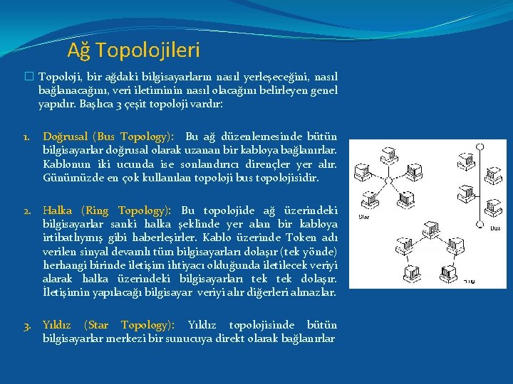 Ağ Topolojileri � Topoloji, bir ağdaki bilgisayarların nasıl yerleşeceğini, nasıl bağlanacağını, veri iletiminin nasıl