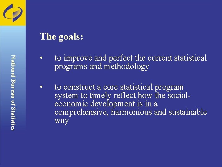 The goals: National Bureau of Statistics • to improve and perfect the current statistical