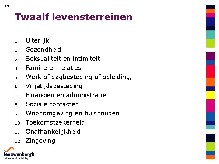 19 Twaalf levensterreinen 1. Uiterlijk 2. Gezondheid Seksualiteit en intimiteit Familie en relaties Werk