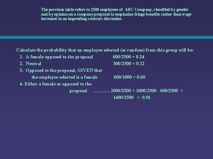 The pervious table refers to 2500 employees of ABC Company, classified by gender and