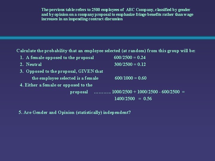 The pervious table refers to 2500 employees of ABC Company, classified by gender and