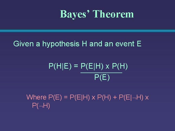 Bayes’ Theorem Given a hypothesis H and an event E P(H|E) = P(E|H) x