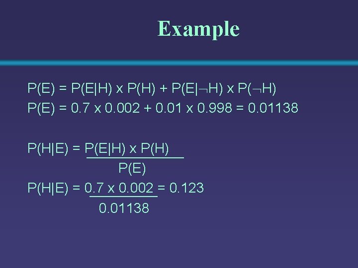 Example P(E) = P(E|H) x P(H) + P(E| H) x P( H) P(E) =