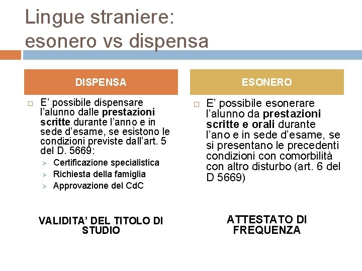 Lingue straniere: esonero vs dispensa DISPENSA E’ possibile dispensare l’alunno dalle prestazioni scritte durante