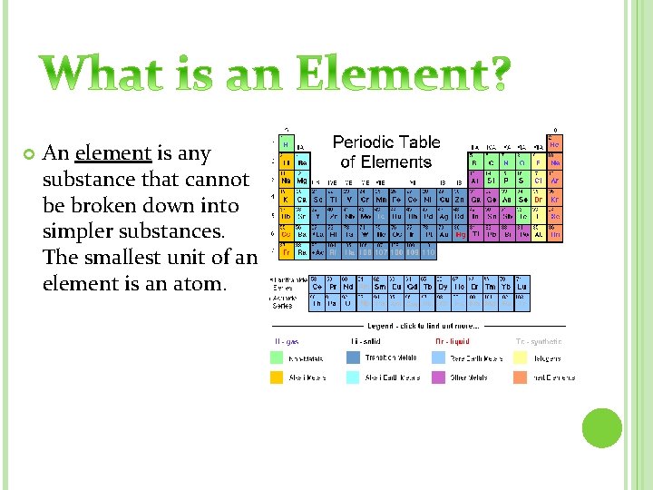  An element is any substance that cannot be broken down into simpler substances.